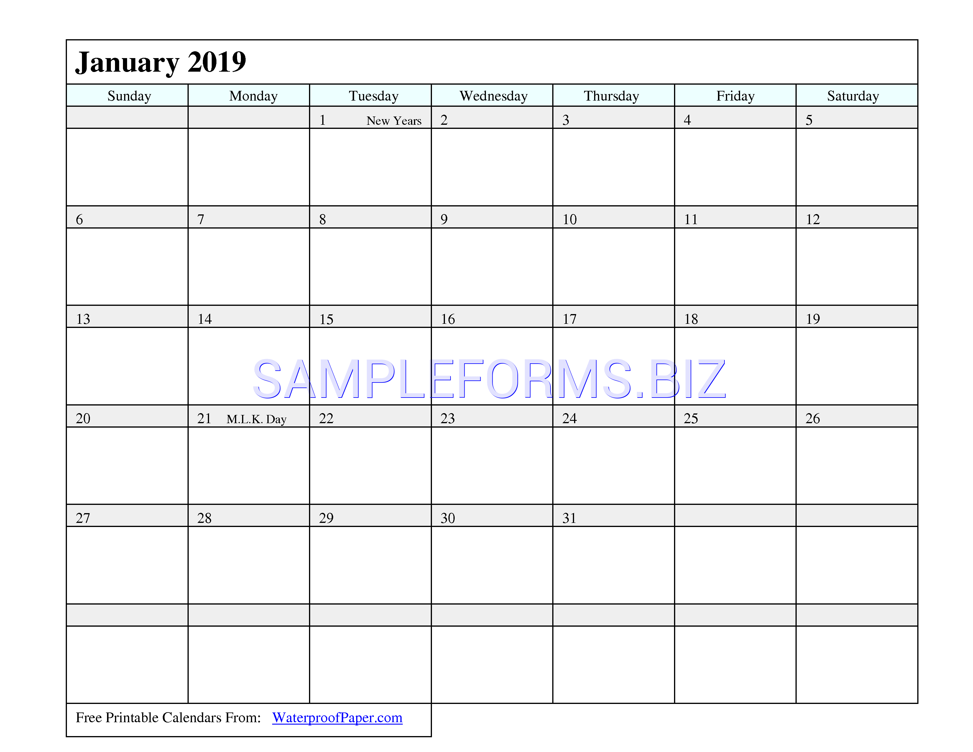 Preview free downloadable January 2019 Calendar 1 in PDF (page 1)